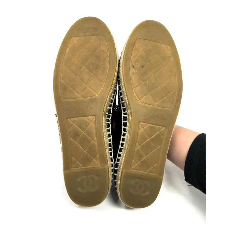 Chanel Black Quilted Leather Espadrilles w/ Gold Chain CC Charm Sz 38 | 8